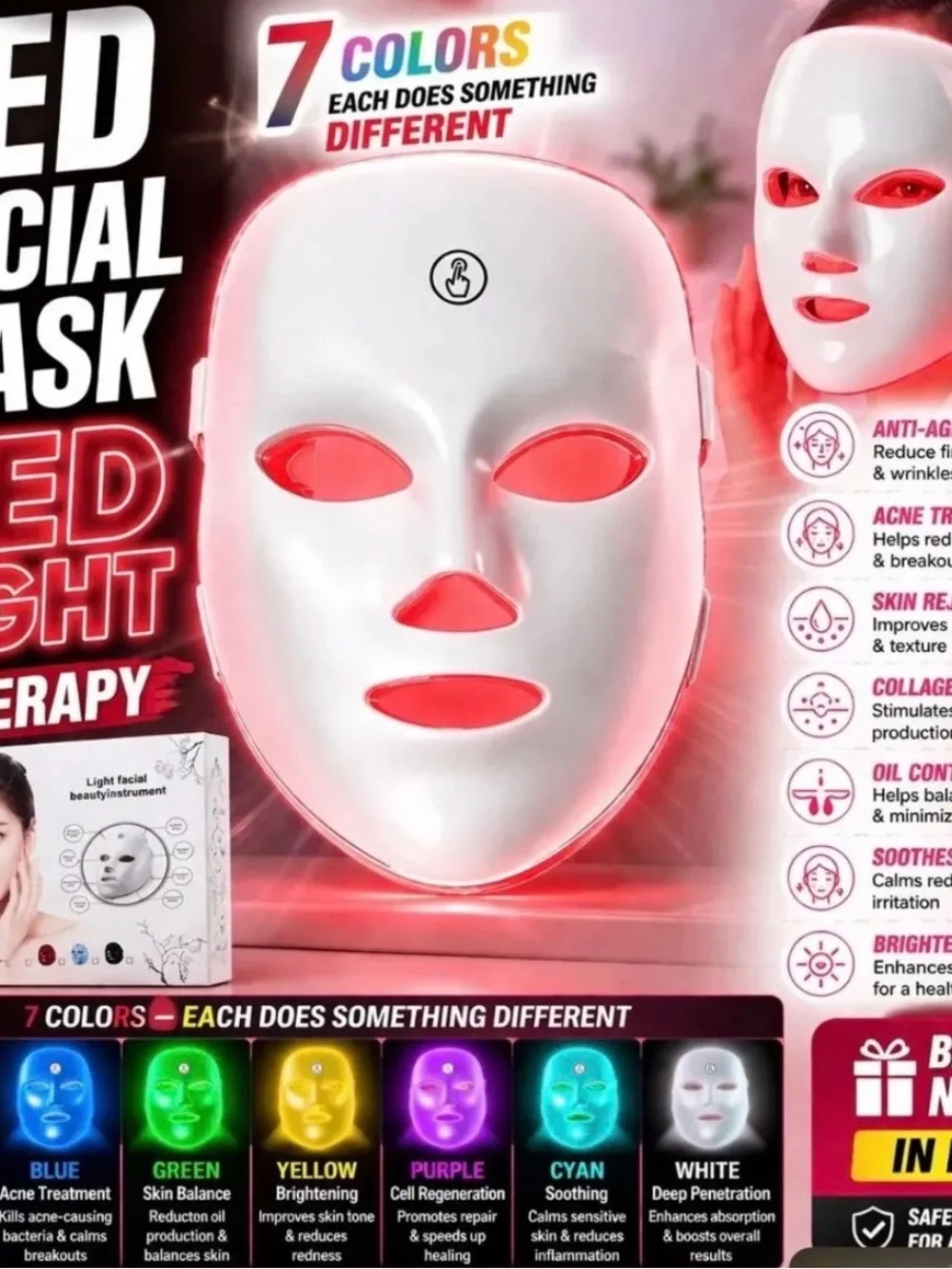 LED Light Facial Beauty Mask - White